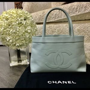 Authentic CHANEL Light Blue CC Logo Caviar Purse